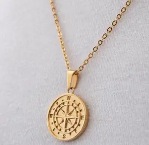 In Stock Stainless Steel Gold Plated Mens Matte Brushed Compass Pendant Necklace