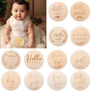 A401012 Custom Birthday gifts New born Birth Wooden gift photos laser engrave Souvenir Pattern Round Baby Milestone Card