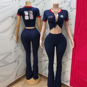 PEEQI Completo Sportivo da Donna con Stampa Lettering, Top Corto a Maniche Corte e <span class=keywords><strong>Pantaloni</strong></span> a Zampa, Primavera 2026, Abbigliamento Casual da Strada - Product Image 3
