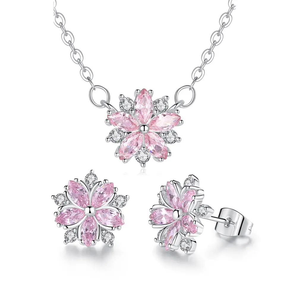 HOVANCI di Fascino di Modo a Forma di Fiore di Rosa Cubic Zirconia Placcatura In Oro Bianco Insieme Dei Monili Delle Donne Della Collana Della Catena Della Vite Prigioniera Orecchini Set