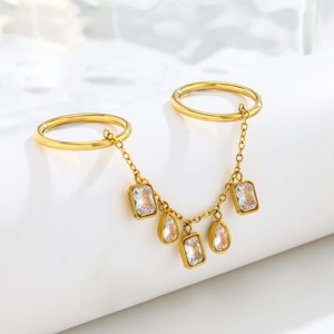 <b>Gold</b> Plated <b>Cocktail</b> <b>Ring</b> With Cubic Zirconia Chain Dangle Women's Glam Party Jewelry - Product Image 1