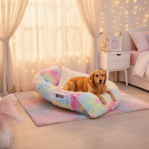 Lange Pluche Ronde Zachte Warme Sponsdoekachtige Huisdierenbed voor Winterhonden & Katten met Aangehechte Dekentje - Product Image 6