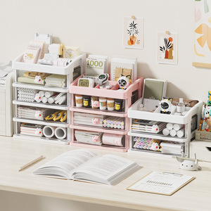 Desktop <b>Storage</b> Box <b>Drawer</b> Type White And Pink <b>Stackable</b> With Lid Compartments For Kids Stationery Organizing - Product Image 3