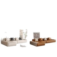 Canapé d'angle en cuir véritable minimaliste italien moderne avec coussins rembourrés en éponge et pieds en bois pour salon