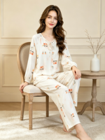 Pyjama de luxe pour femme en fibre de bambou, haut à manches longues et pantalon, imprimé floral, col pull, respirant et doux, collection printemps/automne
