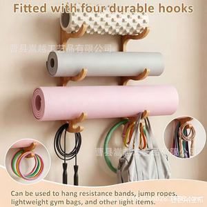 Wall Mounted Wooden Yoga Mat Rack 60x25x1.5cm 3 Tier Storage For Home Gym With <b>Hooks</b> For Straps Towels - Product Image 3