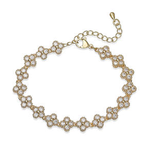 צמיד נחושת אלגנטי מצופה זהב לנשים זירקון שרשרת פרח תלתן ארבעה עלים סט תכשיטים - Product Image 6