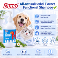 Shampooing pour chien Dono Natural Hypoallergénique 3-en-1, désodorisant, anti-puces et anti-tiques, 500 ml, adoucissant et revitalisant pour animaux de compagnie