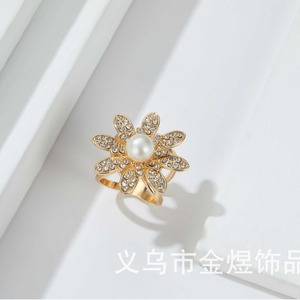 Gold Alloy Pearl Rhinestone Flower Ring Buckle For Scarf Fashion Accessory - Product Image 2