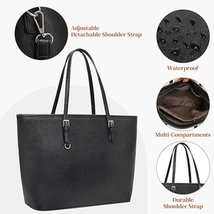 Women's Soft PU Leather Laptop Tote Shoulder <strong>Bag</strong> Two Straps Zipper Closure Letter Decoration Cotton Lining Top Handle for School - Product Image 5