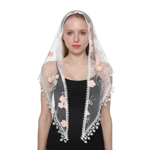 New Arrival Muslim Women Veil Wraps Scarf Floral Tassel Lace Hijab Summer Triangular Polyester Scarf