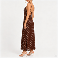 Robe longue marron à pois pour femme, bretelles spaghetti, détails en dentelle, col en V, dos nu à nouer, robe longue décontractée pour l'été, les vacances et les soirées
