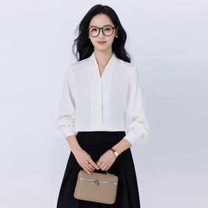 V-neck Shirt For Women Black Long Sleeve Office Wear Polyester Blouse Solid Color Formal Top - Product Image 4