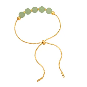 Pulsera de acero inoxidable chapado en oro de 18K, pulsera ajustable de jade con hebilla de tracción, venta al por mayor