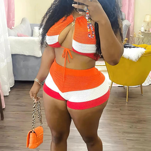 Shorts a righe arancioni in maglia a maglia con stile arancione set in due pezzi da donna con lacci senza maniche Top corto senza schienale + Shorts outfit - Product Image 1