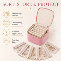 Boîte de rangement pour bijoux de voyage en cuir PU à prix réduit, vente en gros, avec 6 pochettes transparentes amovibles à fermeture éclair et doublure en velours doux