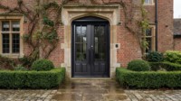 Porte d'entrée carrée en fer forgé LINCAI de style postmoderne |   Porte extérieure double à grille verticale 4 panneaux, forgée à la main, thermique, pour cour
