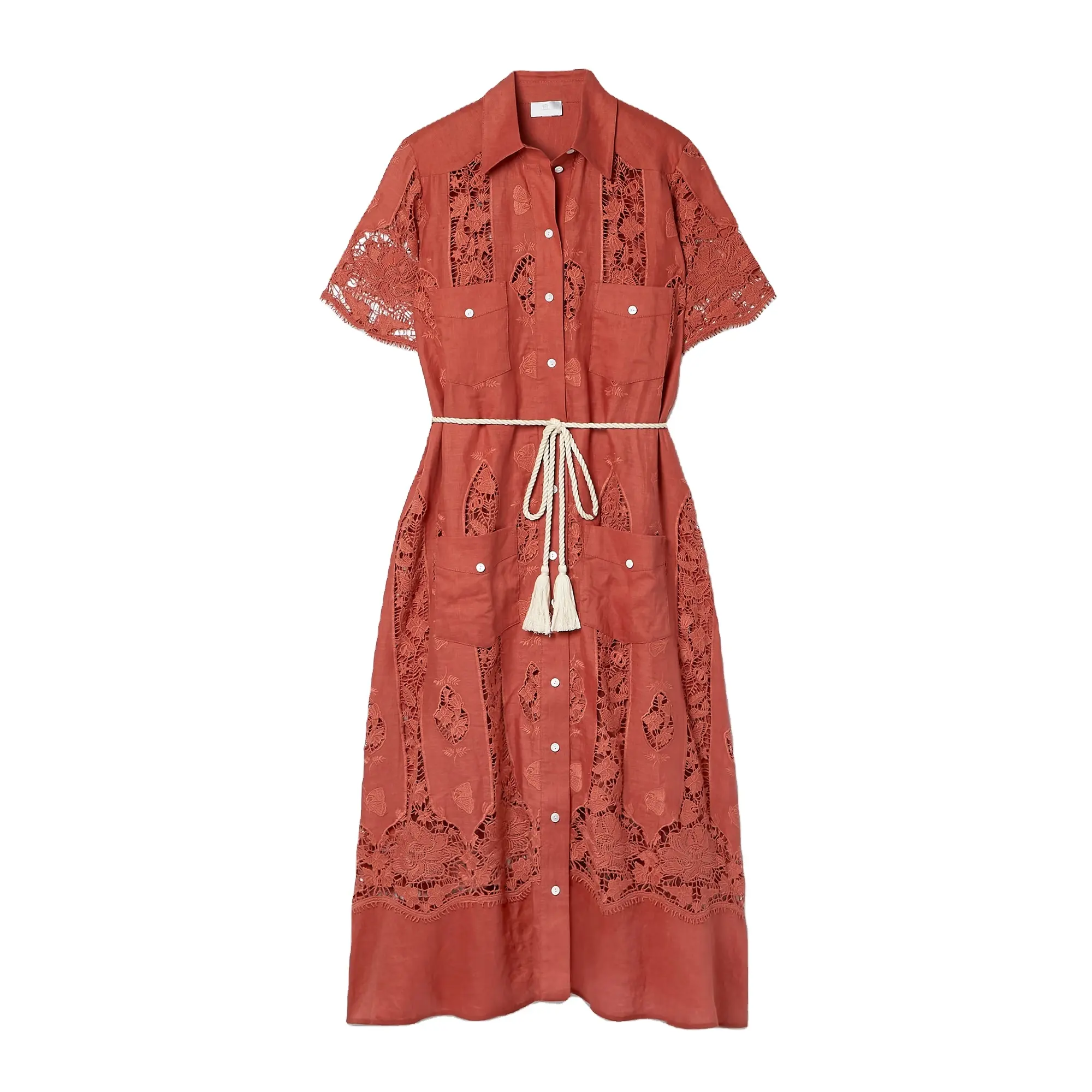 New Hot Sale Jacquard Linen Rose Red Small Hollow Midi Dress For Women