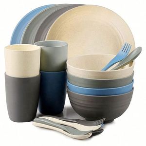 Ensemble de vaisselle en paille de blé, assiettes de couleurs assorties, incassables, légères, vaisselle de table - Product Image 1