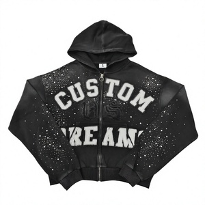 Sweat-shirt à capuche zippé personnalisé pour homme, style streetwear oversize, tricoté, avec logo imprimé pailleté sur le devant, noir - Product Image 3