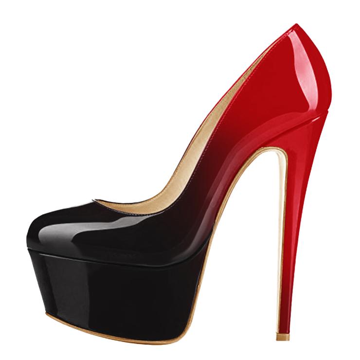 Black red gradient patent leather rounde toe plus size thin high heels women shoes size 12 pumps
