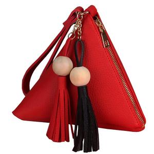 <span class=keywords><strong>Sac</strong></span> à <span class=keywords><strong>main</strong></span> en cuir pour femme en forme de triangle avec fermeture éclair, design à pompon tendance, petite bourse à monnaie pour dames - Product Image 1