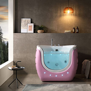Baignoire bébé autoportante moderne en acrylique rose avec drain et porte vitrée transparente à l'avant - Product Image 1