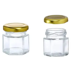 1.5盎司/45毫升小蜂蜜果酱瓶子，带金色盖子，用于婚礼，六角形蜂蜜罐子