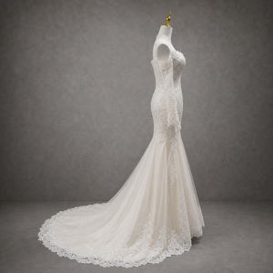 Vestido de Novia Personalizable sin Tirantes, Manga Larga, Estilo Sirena/Trompeta, con <span class=keywords><strong>Flores</strong></span>, Cola de Capilla, Largo hasta el Suelo, en Tela de Satén y Chifón, OEM - Product Image 3