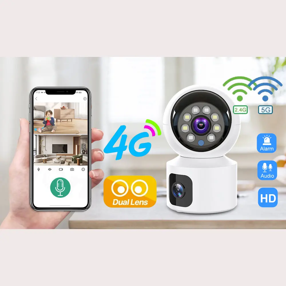 Mini IP Camera 4G SIM Card Dual Lens 2K 4MP Indoor Camera WIFI Wireless Security Night Vision V380 Pro Camara Video Surveillance