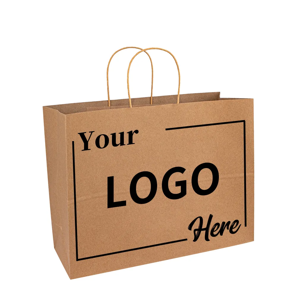 Custom Logo Print Recycled Brown White Kraft Shopping Food Packaging Paper Bag Handles with Your Own Logo