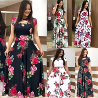 Robe d'été pour femmes, imprimé floral, robe longue décontractée à manches courtes, col creux, taille plus, robe maxi décontractée