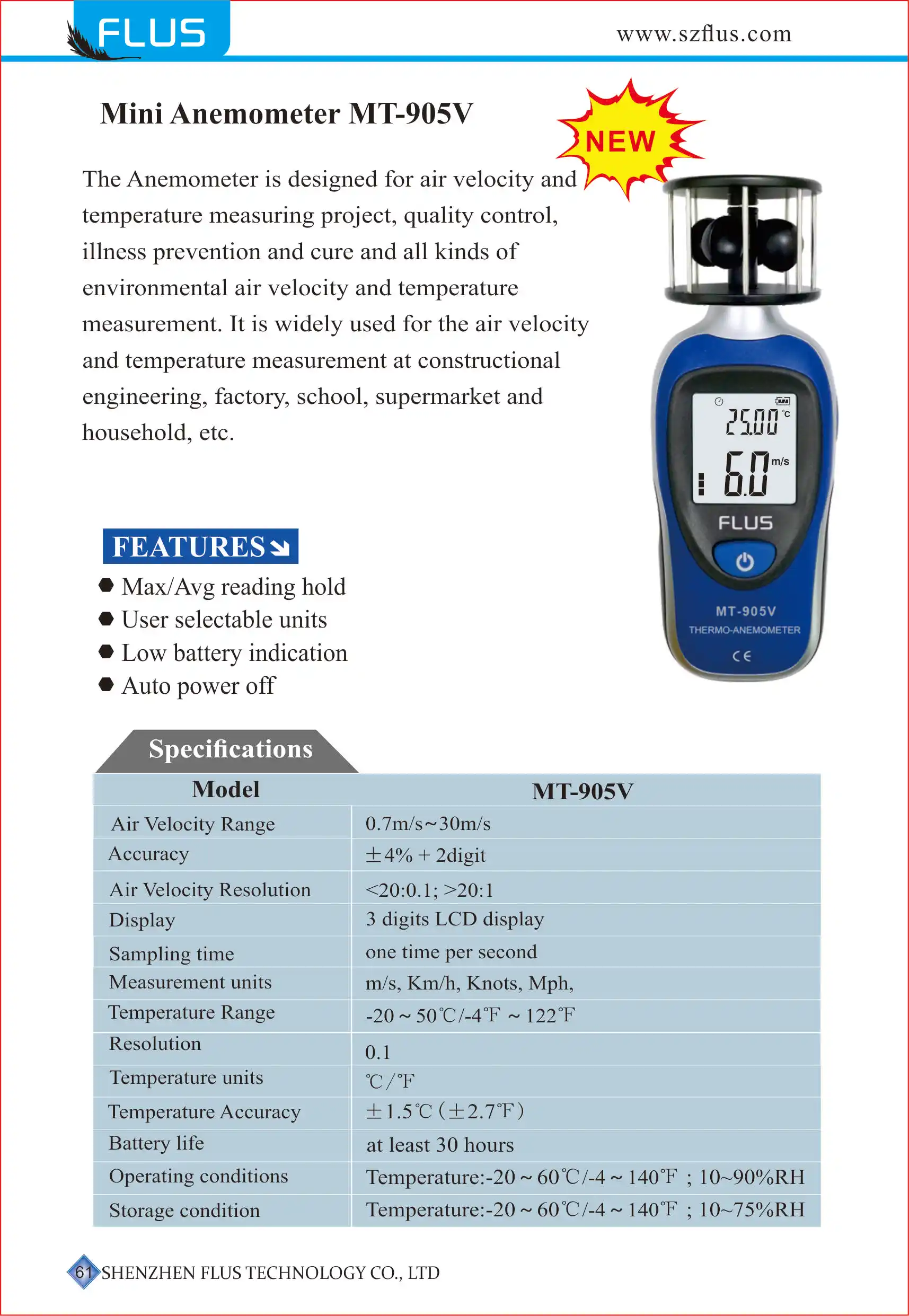 Hot Selling Portable Temperature Function Display Anemometer with Low Battery Indication