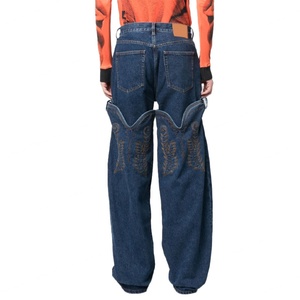 Prix de gros Jean décontracté mode délavé style urbain unisexe bleu coupe cowboy à revers haut et jambe large - Product Image 2