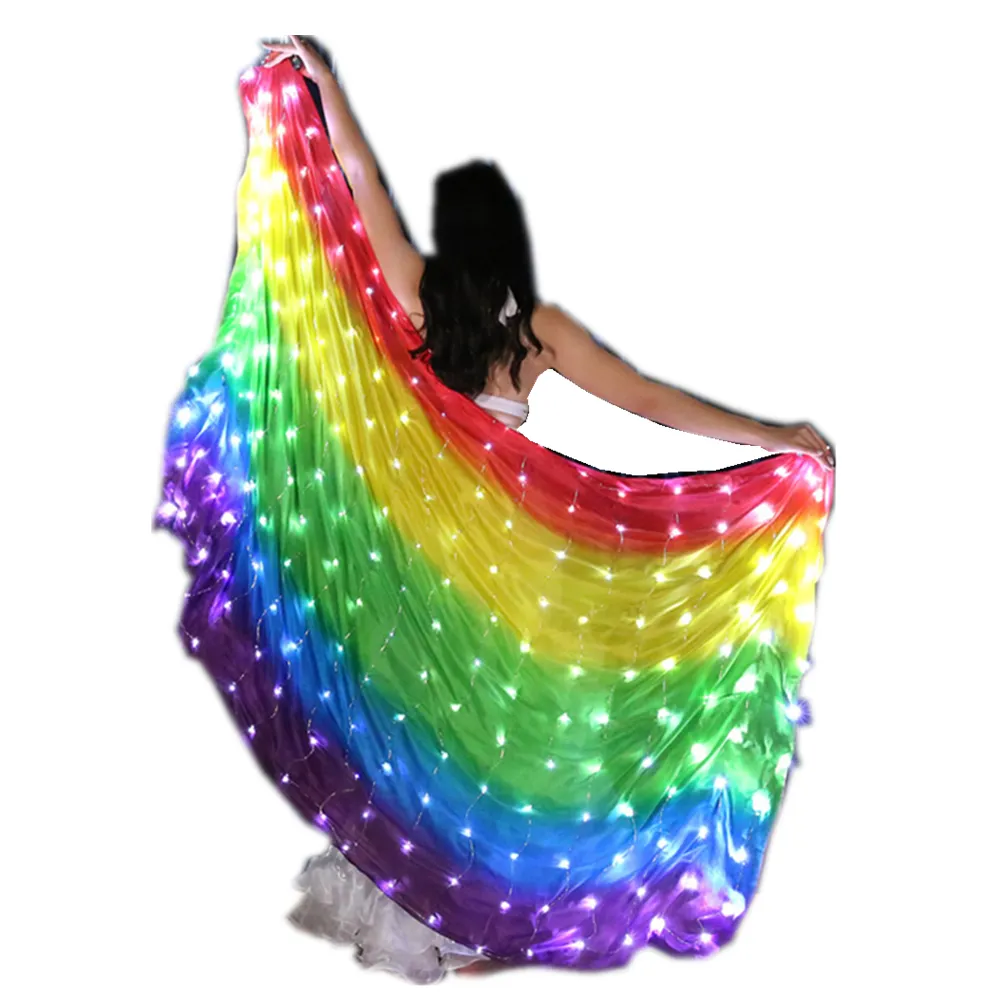 Regenbogen Farbige Bühne Leistung Prop 100% Silk Belly Dance Kostüm Zubehör 200 Stück Lampen Rechteck Schleier LED Schleier