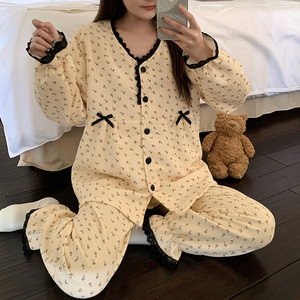 Conjunto de Pijama de Invierno 2026 para Mujer, Camisón Largo Doble con Encaje, Cuello en V, Capa de Algodón Aireado, Cálido y Cómodo, 250g - Product Image 1