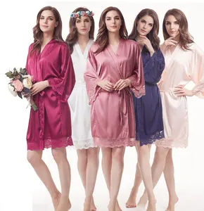 high quality women sleepwear matte Satin lace bridesmaid Wedding party gift bridal robe