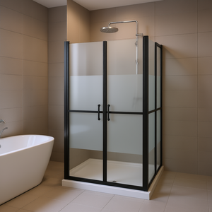 ประตูห้องอาบน้ำแบบครึ่งบานฝ้า 30.7-31.9x74.8 นิ้ว กรอบสีดำ กระจกนิรภัย บานพับ รูปทรงสี่เหลี่ยมผืนผ้า ดีไซน์มินิมอล - Product Image 2