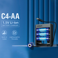 Cargador XTAR de 4 Ranuras C4-AA con 4 Baterías Recargables de Iones de Litio AA de 1.5V y 2500mAh, Cable USB-C Integrado, Carga Rápida