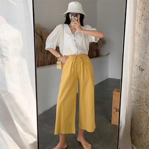 <span class=keywords><strong>Pantaloni</strong></span> in Cotone e <span class=keywords><strong>Lino</strong></span> a Tre Quarti per Donna, Primavera-Estate, Gamba Larga, Vita Elastica, Casual - Product Image 3