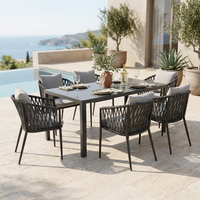 Ensemble de salle à manger d'extérieur moderne 7 pièces, design KD, mobilier de jardin en rotin, table en verre trempé 5 mm, structure en acier, résistant aux intempéries