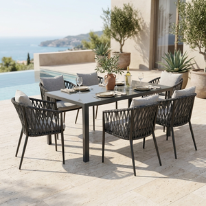 Moderno Juego de Comedor de 7 Piezas para Exteriores, Diseño KD, Muebles de Jardín de Ratán, Mesa de Vidrio Templado de 5 mm, Estructura de Acero, Mimbre, Resistente a la Intemperie - Product Image 4