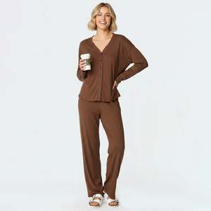 Pigiami Personalizzati per Donne, Set Camicia e Pantaloni in <span class=keywords><strong>Cotone</strong></span> Organico e Spandex, Abbigliamento da Notte, Completo 2 Pezzi per Relax e Sonno - Product Image 3