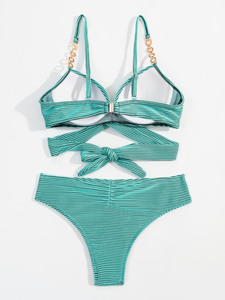 Ensemble bikini 2 pièces rayé pour femme, haut dos nu et <span class=keywords><strong>bas</strong></span> string croisé, <span class=keywords><strong>maillot</strong></span> <span class=keywords><strong>de</strong></span> bain personnalisable avec logo - Product Image 3