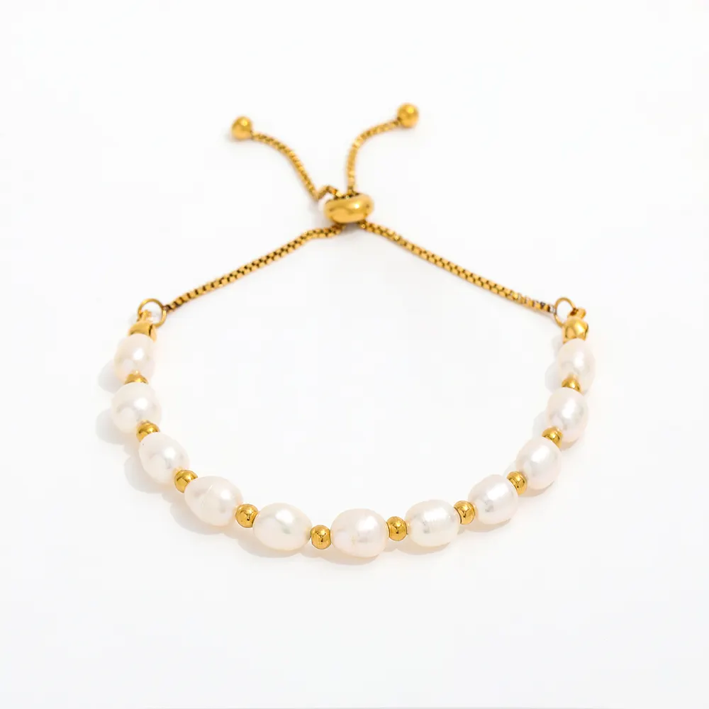 Fenny 18K PVD Gold Plated No Fade Luxury Real Fresh Water Pearl Adjustable Stainless Steel Bracelet Trendy For Women Wholesale