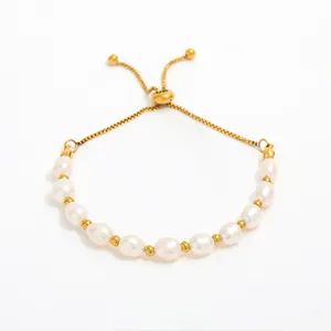 Fenny 18K PVD Gold Plated No Fade Luxury Real Fresh Water Pearl Adjustable Stainless Steel Bracelet Trendy For Women Wholesale