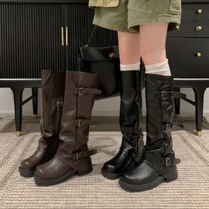 रेट्रो ब्रिटिश शैली महिलाओं के घुटने-उच्च मंच उच्च एड़ी चमड़े के जूते बकसुआ हल्के फ्लैट डिजाइन रबर पू - Product Image 4