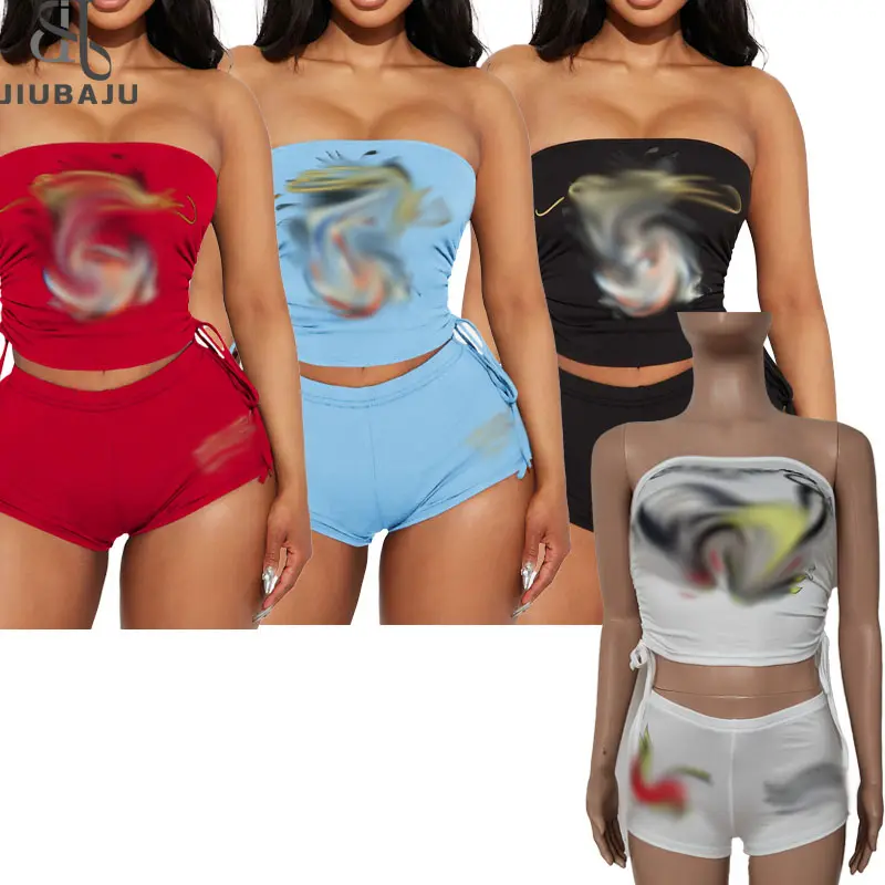 Conjunto de shorts de rua femininos 2 peças roupas de verão com estampa gráfica blusa de corte com shorts justos