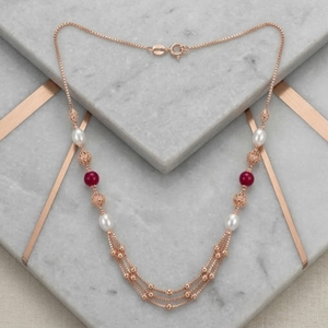 Collar Mala Italiano de Plata 925 con Acabado en Oro Rosa, Perla Roja, Cadena de Diseño Multicapa, Joyería para Mujer - Product Image 2