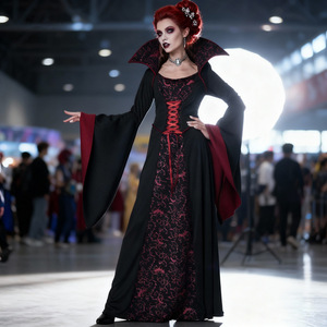 Costume de vampire pour femmes adultes, robe gothique noire et rouge, tenue de cosplay pour fête d'Halloween, tenue de jeu de rôle à manches longues et longueur complète - Product Image 3